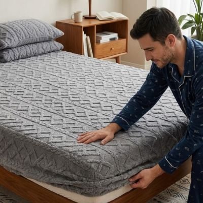 Drap housse gris doux au toucher