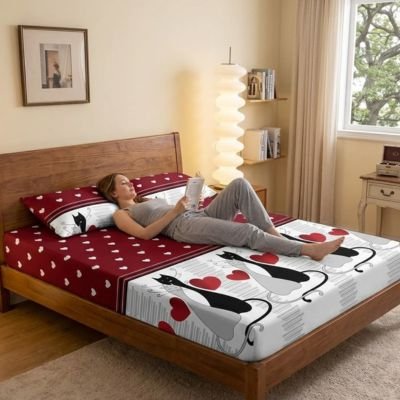 Drap housse motif chat rose sur fond rouge et blanc